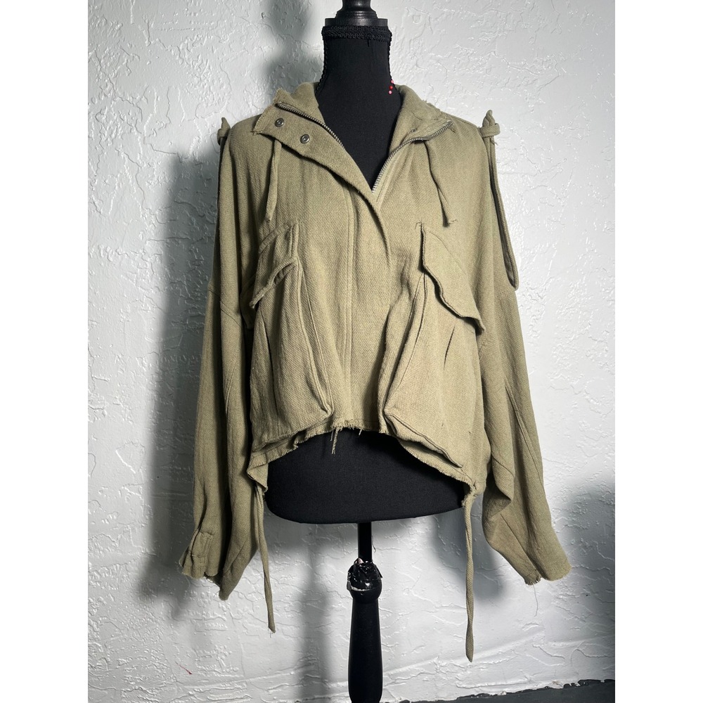Zara Women's S/M Khaki Utility Jacket Raw Hem Cargo Military Oversized
